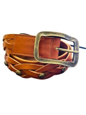 Fabio Corti Studded Braided Studded Leather Belt Cognac Brown Wide Large